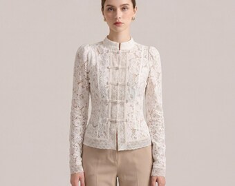 Elegante Spitzenbluse Frauen, viktorianischen schiere Top, Stehkragen Hemd, Romantische Langarm Bluse