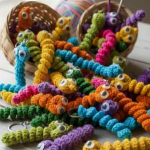 Może przedstawiać: Kolekcja kolorowych, ręcznie robionych szydełkowych robaków z ruchomymi oczami. Robaki są w różnych kolorach, w tym niebieskim, zielonym, pomarańczowym, żółtym, różowym i fioletowym. Niektóre robaki to breloczki. Obraz zawiera tekst "DIGITAL & SEAMLESS PRODUCT".