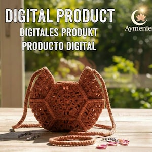 May include: A brown, crocheted handbag with a geometric pattern and a matching bracelet sit on a wooden surface. The bag has a long strap and is labeled "DIGITAL PRODUCT" in white text.