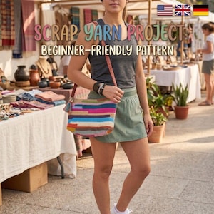 May include: A vibrant, hand-crocheted bag with a striped design in shades of pink, blue, and yellow. It features a brown strap and a tassel. The image includes text: "SCRAP YARN PROJECT" and "BEGINNER-FRIENDLY PATTERN".
