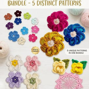 May include: A selection of handmade crochet flowers in diverse colours and designs. The image showcases flowers in pink, blue, yellow, and purple, some with pearl centres. Text on the image reads "HANDMADE CROCHET FLOWER BUNDLE - 5 DISTINCT PATTERNS."