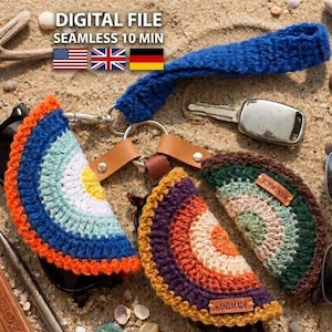 May include: Handmade crochet sunglass cases in various colors, including blue, orange, and green, with a leather keychain. The cases are arranged on a sandy surface with sunglasses, a key, and the text "DIGITAL FILE SEAMLESS 10 MIN".