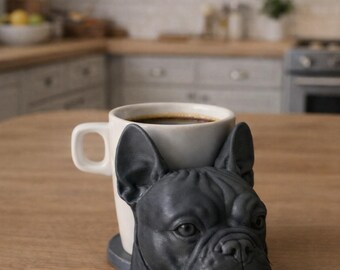 May include: A white ceramic mug filled with dark coffee, held by a dark grey bulldog-shaped holder. The mug sits on a wooden table, with a kitchen in the background. The bulldog holder is a dark grey colour.