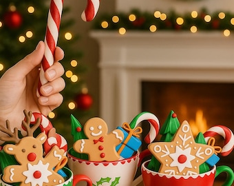 May include: A festive Christmas scene featuring decorated mugs filled with gingerbread cookies shaped like a reindeer, gingerbread man, and star. Candy canes and a Christmas tree are also visible, creating a holiday atmosphere.