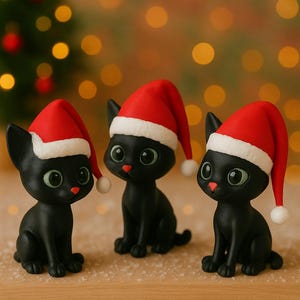 May include: Three black cat figurines wearing red and white Santa hats. The cats have large green eyes and red noses. They are sitting on a wooden surface with a blurred background of Christmas lights and a tree.