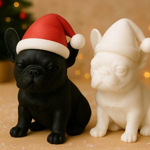 May include: Two French bulldog figurines, one black and one white, each wearing a Santa hat with a white trim and a pom-pom. The dogs are sitting on a light-colored surface, with a Christmas tree in the background.
