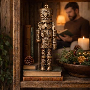 May include: A gold-coloured nutcracker figurine with detailed patterns stands on a stack of books. The figurine is approximately 30 cm tall. The background includes a wooden bookshelf and a person reading.