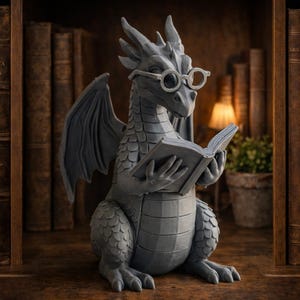 May include: A gray dragon figurine wearing glasses and reading a book. The dragon has wings and is sitting in front of a bookshelf filled with old books. The figurine is a decorative item.