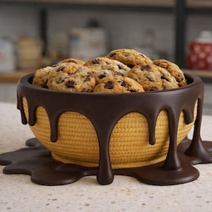 Puede incluir: Un cuenco de galletas con chispas de chocolate se encuentra dentro de un cuenco decorativo con un diseño único. El cuenco es amarillo con un efecto de chocolate derretido marrón oscuro alrededor del borde y la base. Las galletas son de color marrón dorado con chispas de chocolate.