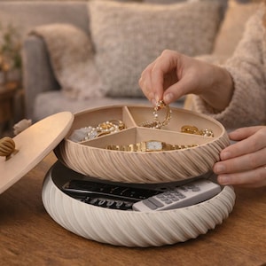 May include: A two-tiered jewelry and remote control organizer. The top level, with a light wood grain finish, holds jewelry. The bottom level, in white, contains remotes. A person is placing a gold ring in the top level.