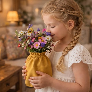 Puede incluir: Una persona joven con cabello rubio trenzado sostiene un jarrón amarillo lleno de coloridas flores silvestres. El jarrón está hecho de un material suave y texturizado. La persona está oliendo las flores, con una luz suave y natural de fondo.