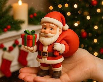 Può includere: Una statuetta di Babbo Natale in miniatura, vestita con un abito rosso, barba e cappello bianchi, tiene in mano una scatola regalo rossa con un fiocco verde. Porta una sacca rossa sulla spalla. Sfondo: albero di Natale.