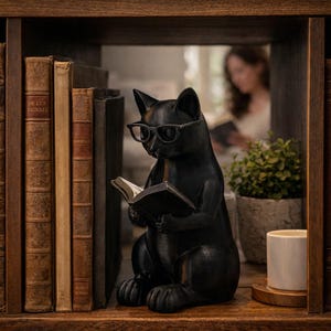 Könnte beinhalten: Eine schwarze Katzenfigur mit Brille, die ein Buch liest, sitzt auf einem Holzregal, umgeben von antiken Büchern. Im Hintergrund liest eine Person. Eine kleine Topfpflanze und eine weiße Tasse befinden sich ebenfalls auf dem Regal.