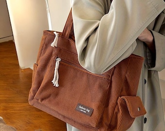 Bolso tote de pana sencillo / Bolso de hombro de color liso / Bolso retro con múltiples bolsillos