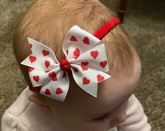 Valentine's Day Hair Bow: Red and White Hairbow ~ Hair Clips or Baby Nylon Headband