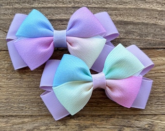 Rainbow Hair Bow: Pastel Grosgrain Ribbon Clip or Headband