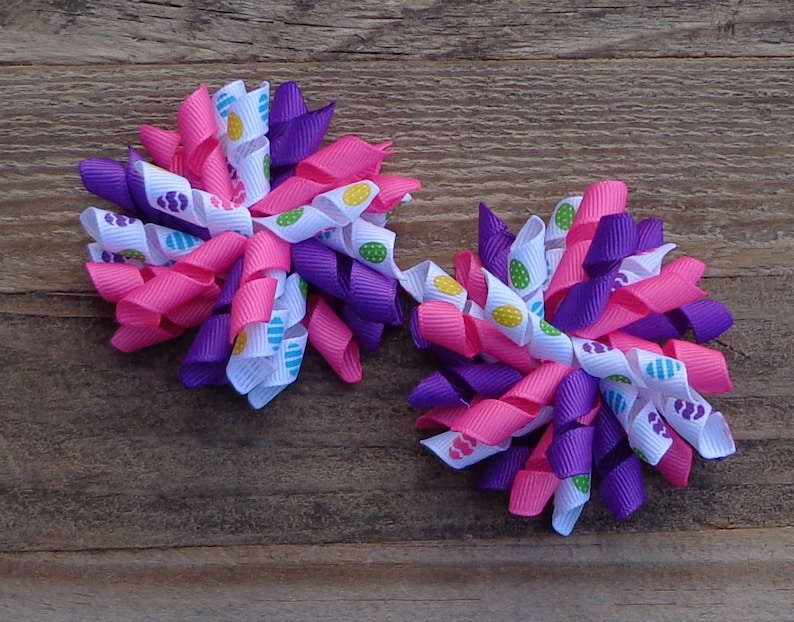 Easter Hair Bow~Pigtail Bows for Easter~PinkPurple Hair Bows~Easter Pigtail Bows~Korker Hair Bows~Hair Bows for Easter~Easter Egg Hair Bow