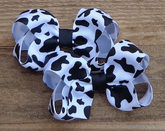 Cow Print Hair Bow: Grosgrain Ribbon Pigtail Clip