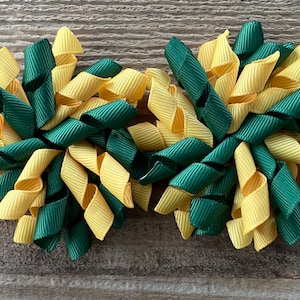 Dark Green/Yellow Gold Hair Bow:  School Uniform/Spirit Hairbow ~ Korker Pigtail Bows