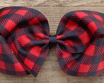 XL Buffalo Plaid Hair Bow~Hair Bows for Girls~Red/Black Plaid Hair Bow~Buffalo Check Hair Bow~Boutique Hair Bow~BIG Hair Bows for Girls