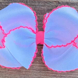 Grosgrain Hair Bow ~ COLOR: White/NEON Pink Hair Bow ~ Moonstitch Hair Bow ~ Girl Birthday Hair Bow ~ Girl Birthday Gift ~ Hairbow for Girls