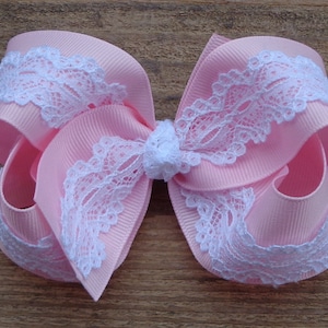 Lace Hair Bows for Girls ~ Pink/White Lace Hair Bow ~ Bows for Girls ~ Easter Hair Bow ~ Wedding Hair Bow ~ Lace Bows ~ Lace Baby Hair Bows