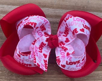 Valentine Hair Bow:  Red, White Grosgrain Hairbow ~ Girl Hair Clips ~ Baby Headbands