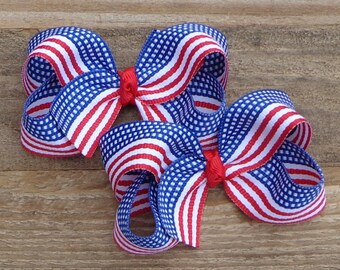 July 4th Hair Bows: Flag Striped Grosgrain Ribbon, Patriotic Pigtail Clips