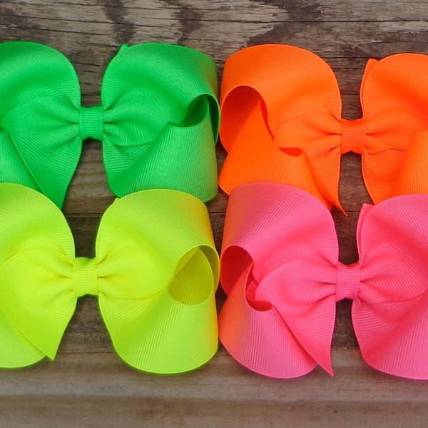 NEON Hair Bows for Girls ~ SET of 4 NEON Hair Bows ~ Bows for Girls ~ Neon Hair Clips ~ Hair Clips for Girls ~ Neon Baby Headbands ~ Hairbow