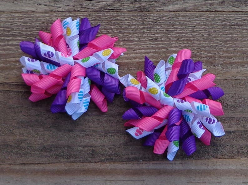 Easter Hair Bow~Pigtail Bows for Easter~PinkPurple Hair Bows~Easter Pigtail Bows~Korker Hair Bows~Hair Bows for Easter~Easter Egg Hair Bow