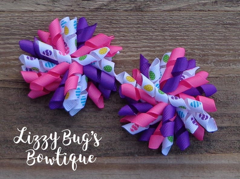 Easter Hair Bow~Pigtail Bows for Easter~PinkPurple Hair Bows~Easter Pigtail Bows~Korker Hair Bows~Hair Bows for Easter~Easter Egg Hair Bow