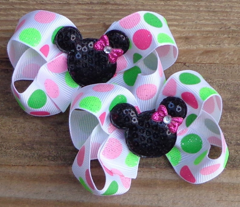 Minnie Mouse Birthday Hair Bow~Small Pigtail Bows~PINK Minnie Hair Clips~Minnie Mouse Polka Dot Hair Bow~1st Birthday Minnie Mouse Hair Bow