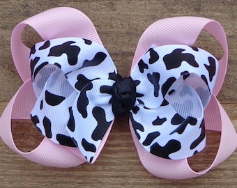 Pink Cow Print Hair Bow: Boutique Grosgrain Ribbon Bow