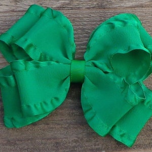 Green Ruffled Boutique Hair Bow: Satin Double Ruffle, Alligator Clip