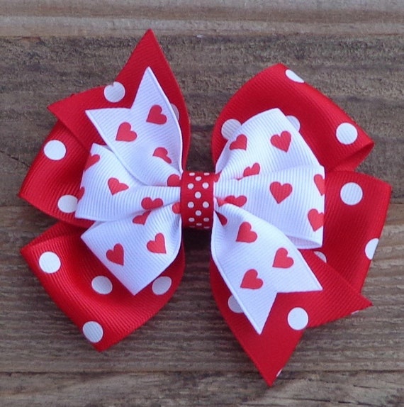 Valentine Hair Bow: Handmade Grosgrain Ribbon Heart Clip - Etsy display picture 2