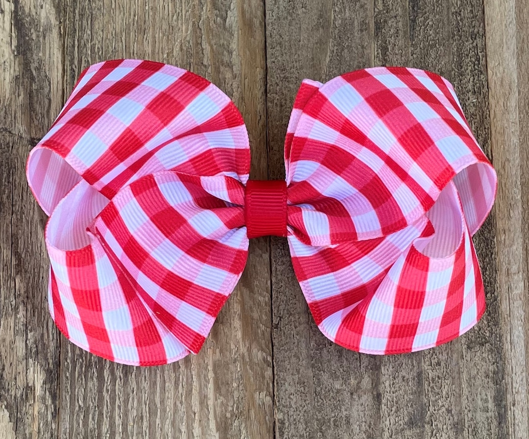 Red Gingham Grosgrain Hair Bow: Girl Birthday Hairbow Hair Clips