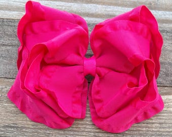 Shocking Pink Ruffled Hair Bow: Taffeta/Satin Hairbow ~ Hair Clips or Baby Headband