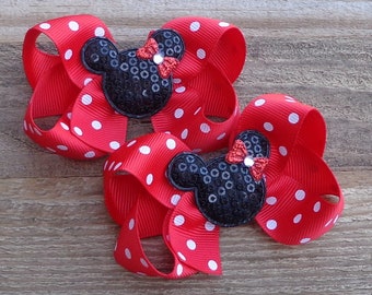 Red Polka Dot Mouse Hair Bows: Girl Birthday Hairbow ~