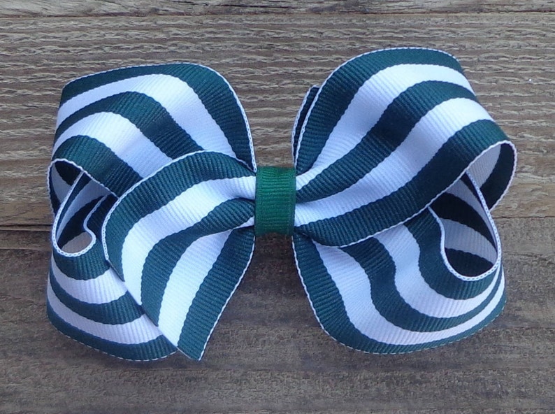 Boutique Hair Bow~MediumLarge Hair Bow~Forest Green Striped Hair Bow~Hair Bow~Christmas Boutique Bows~Striped Bow~School Uniform Bow~