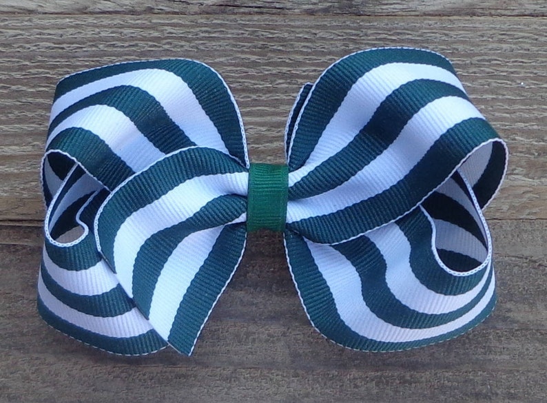 Boutique Hair Bow~MediumLarge Hair Bow~Forest Green Striped Hair Bow~Hair Bow~Christmas Boutique Bows~Striped Bow~School Uniform Bow~