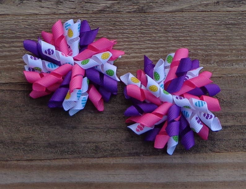 Easter Hair Bow~Pigtail Bows for Easter~PinkPurple Hair Bows~Easter Pigtail Bows~Korker Hair Bows~Hair Bows for Easter~Easter Egg Hair Bow