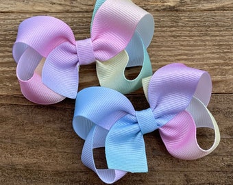 Pastel Rainbow Hair Bow:  3" Pitail Hairbows ~ Girl Unicorn Birthday ~ Alligator Clip ~ Baby Headband