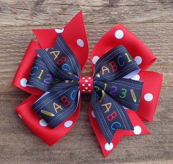 Back to school hair bow-Red and yellow glitter bow-4 inches hair bow-Pencil hair bow-Chalkboard hair bow-First day of school hair bow