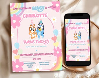 Bluey birthday invitation girl editable Canva,  Bluey party invite digital download, printable Bluey Rainbow Daisy Girl Party