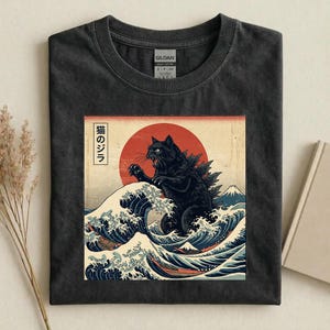 Vintage Black Kaiju Cat Shirt, Japanese Wave Cat T-Shirt, Great Wave Cat Monster Tee, Funny Godzilla Cat Tee, Anime Cat Lovers