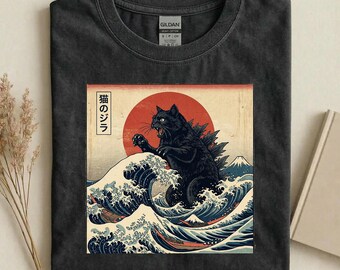 Vintage Black Kaiju Cat Shirt, Japanese Wave Cat T-Shirt, Great Wave Cat Monster Tee, Funny Godzilla Cat Tee, Anime Cat Lovers