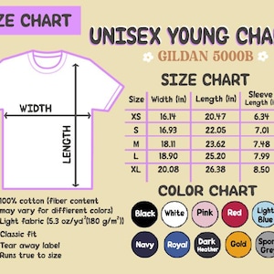 May include: A size chart for unisex young t-shirts, featuring measurements in inches for width, length, and sleeve length. The chart includes sizes XS to XL, with a color chart showing available colors like black, white, pink, and navy.