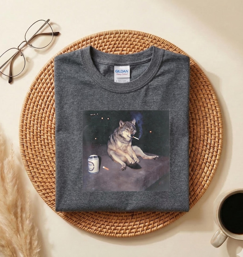 Wolf raucht Bier T-Shirt, lustiges Wolf Grafik T-Shirt, schwarzer Humor Tier Shirt, Vintage Wolf T-Shirt, sarkastisches lustiges Geschenk Bild 4