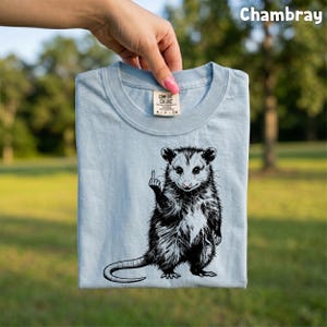 May include: Light blue t-shirt with a black and white opossum graphic giving the middle finger. The shirt is made of Comfort Colors material and has the word "Chambray" printed in the upper right corner.