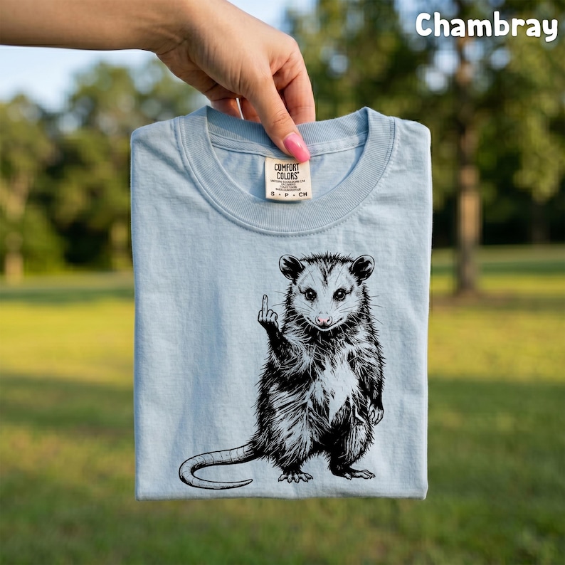 May include: Light blue t-shirt with a black and white opossum graphic giving the middle finger. The shirt is made of Comfort Colors material and has the word "Chambray" printed in the upper right corner.